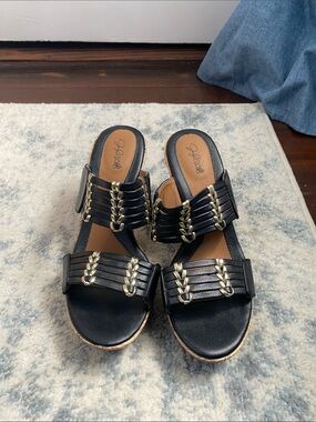 Women’s Black Chunky Heels with Gold Accent Detailing